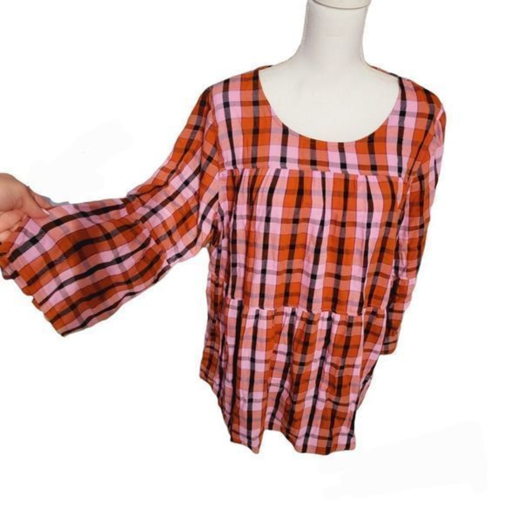 Evri pink red plaid flannel ruffle blouse shirt top plus‎ 0X bell sleeve